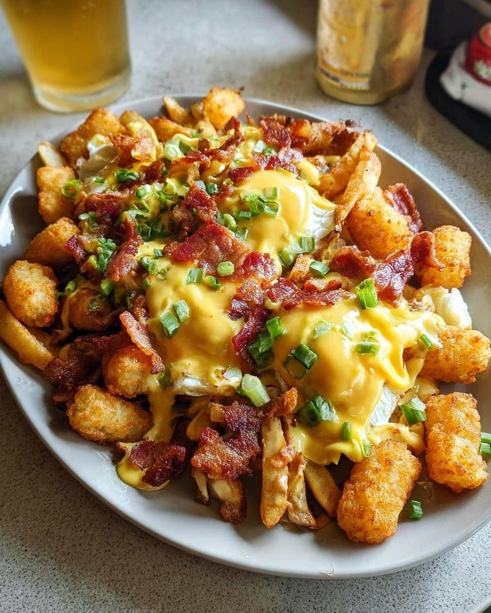 A hearty plate of Breakfast Poutine with Hollandaise Sauce, topped with crispy bacon and green onions.