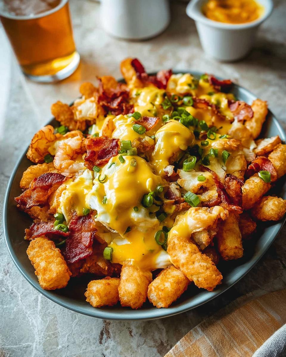 A hearty plate of Breakfast Poutine with crispy tater tots, bacon, eggs, and rich Hollandaise Sauce, topped with chives.