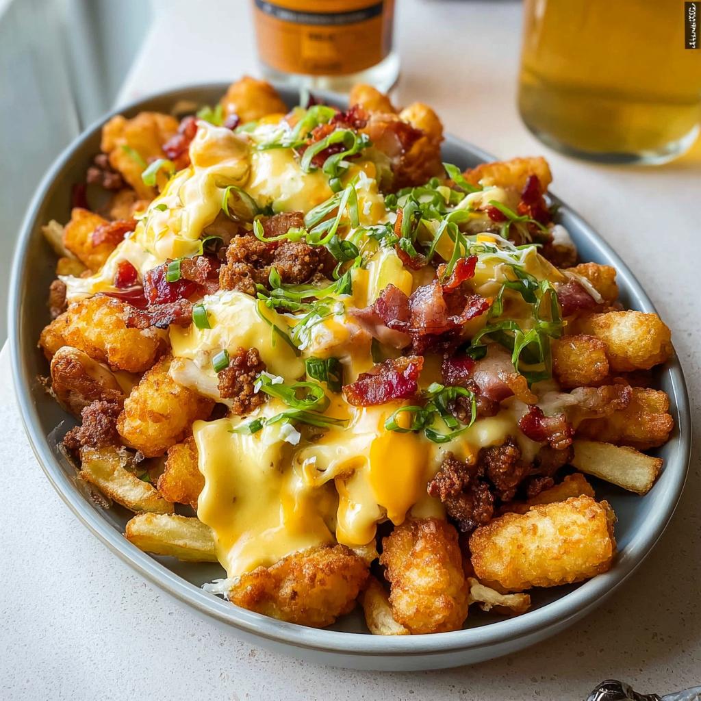A hearty plate of Breakfast Poutine with Hollandaise Sauce, featuring tater tots, fries, crumbled sausage, bacon, and green onions.