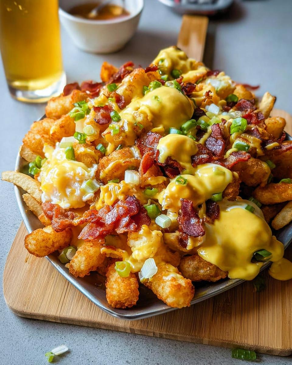 A close-up of Breakfast Poutine with Hollandaise Sauce, featuring crispy tater tots, french fries, bacon, and green onions.