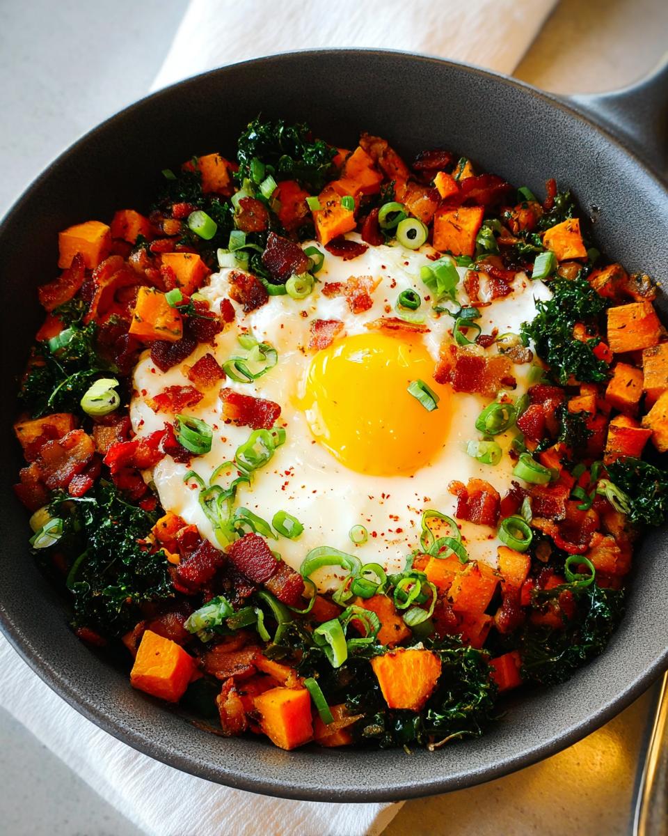 A close-up of a BREAKFAST SWEET POTATO hash in a skillet, topped with a fried egg, bacon, kale, and green onions.