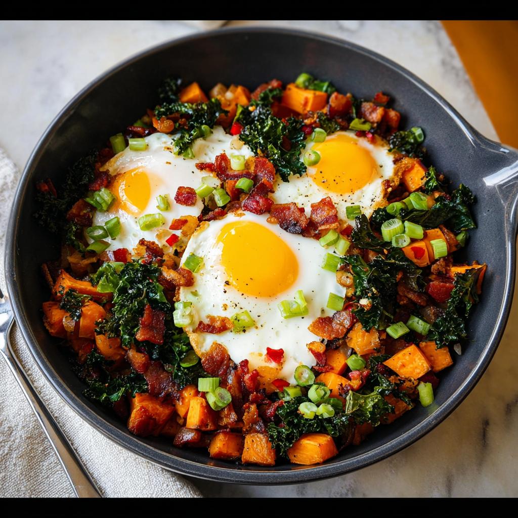 A hearty skillet of BREAKFAST SWEET POTATO hash topped with fried eggs, bacon, and green onions.