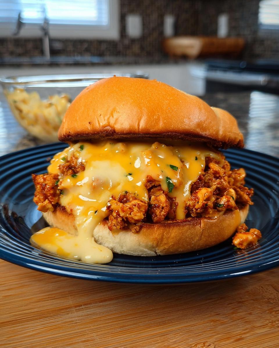 A delicious Cajun Chicken Sloppy Joe sandwich piled high with creamy cheese sauce and served on a bun.