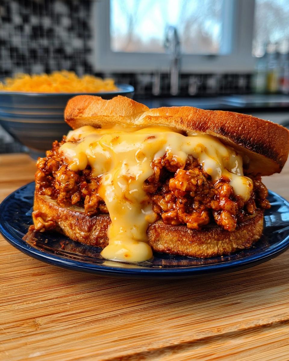 A close-up of Cajun Chicken Sloppy Joes topped with melted creamy cheese sauce on a blue plate.