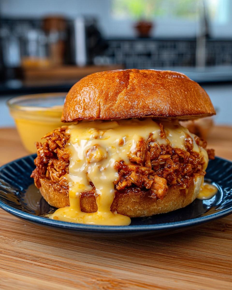 A delicious Cajun Chicken Sloppy Joe sandwich generously topped with creamy cheese sauce.