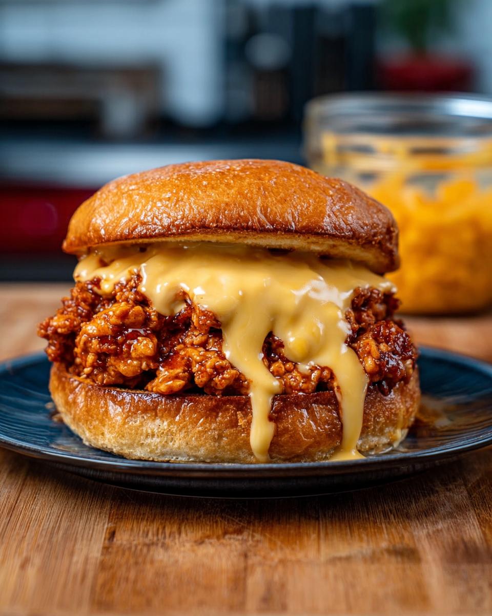 A delicious Cajun Chicken Sloppy Joe sandwich generously topped with creamy cheese sauce.