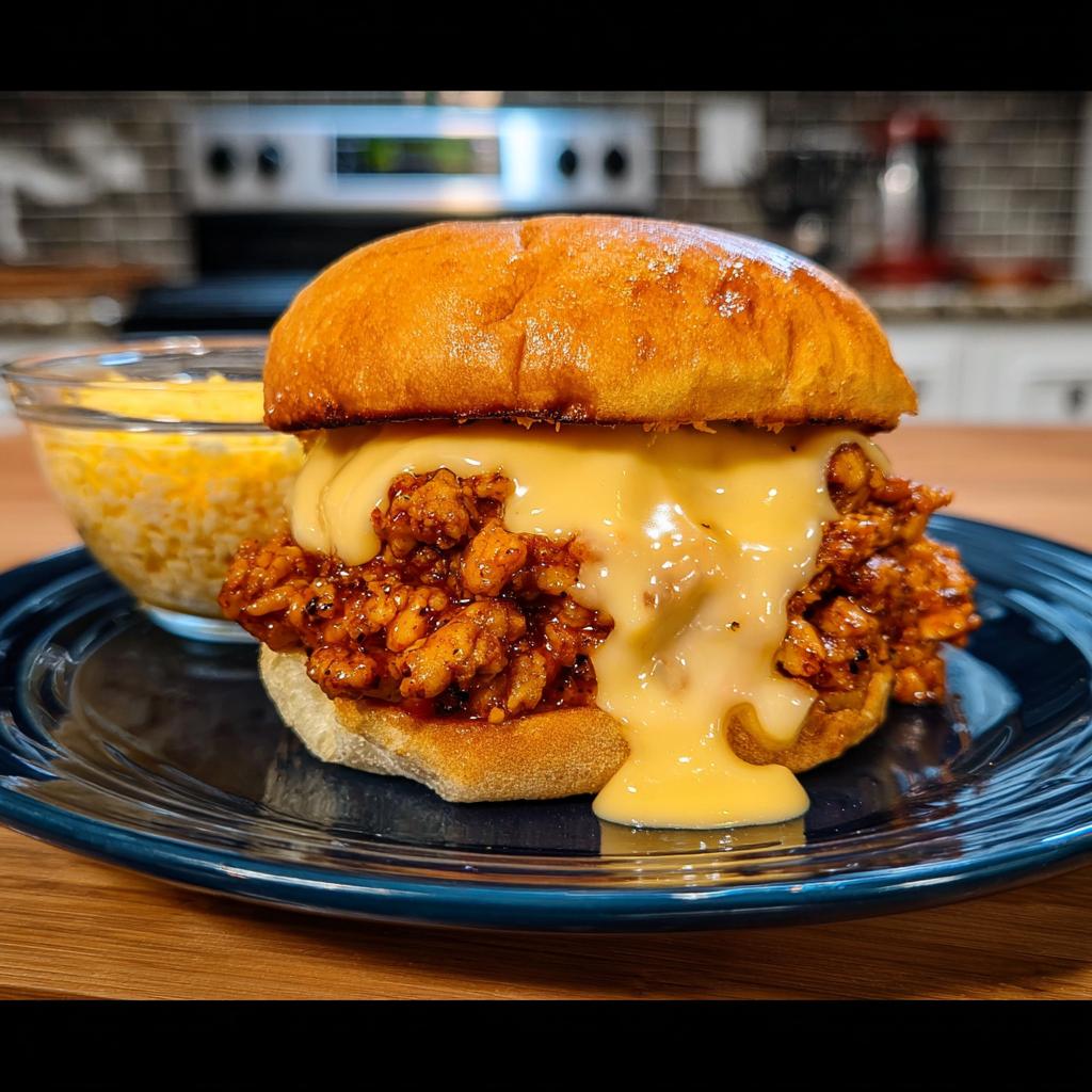 A delicious Cajun Chicken Sloppy Joe sandwich overflowing with creamy cheese sauce, served on a bun with a side of shredded cheese.