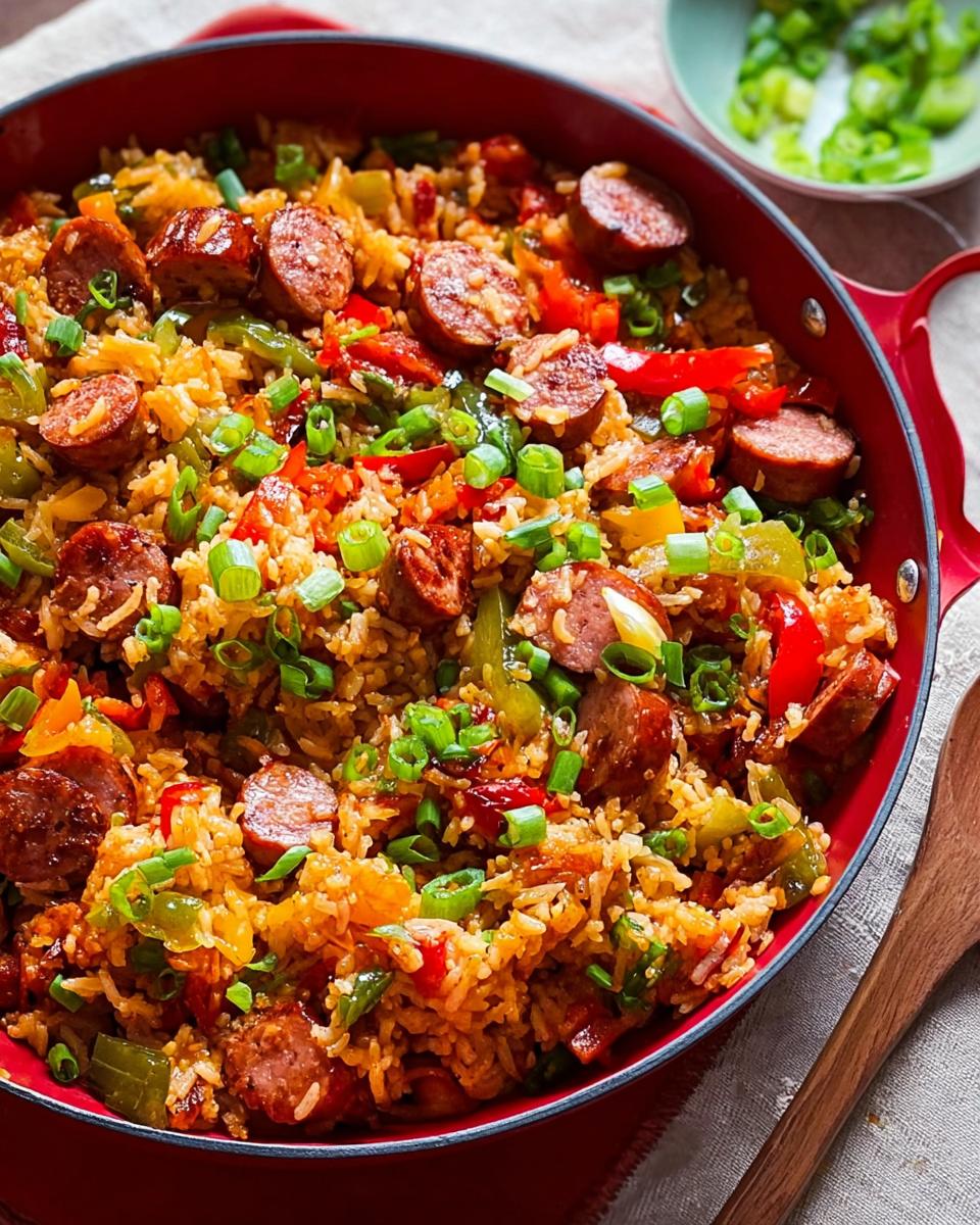A close-up of a vibrant Cajun Sausage and Rice Skillet, filled with rice, sliced sausage, bell peppers, and green onions.