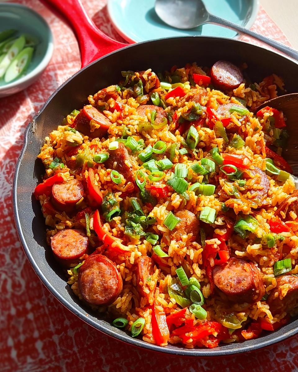 A close-up view of a Cajun Sausage and Rice Skillet, filled with rice, sausage slices, bell peppers, and green onions.