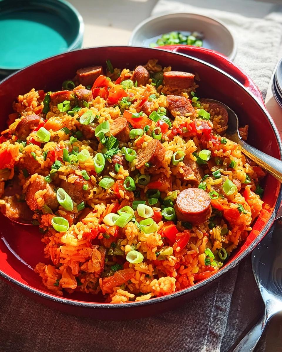 A close-up view of a red skillet filled with Cajun Sausage and Rice, garnished with green onions.