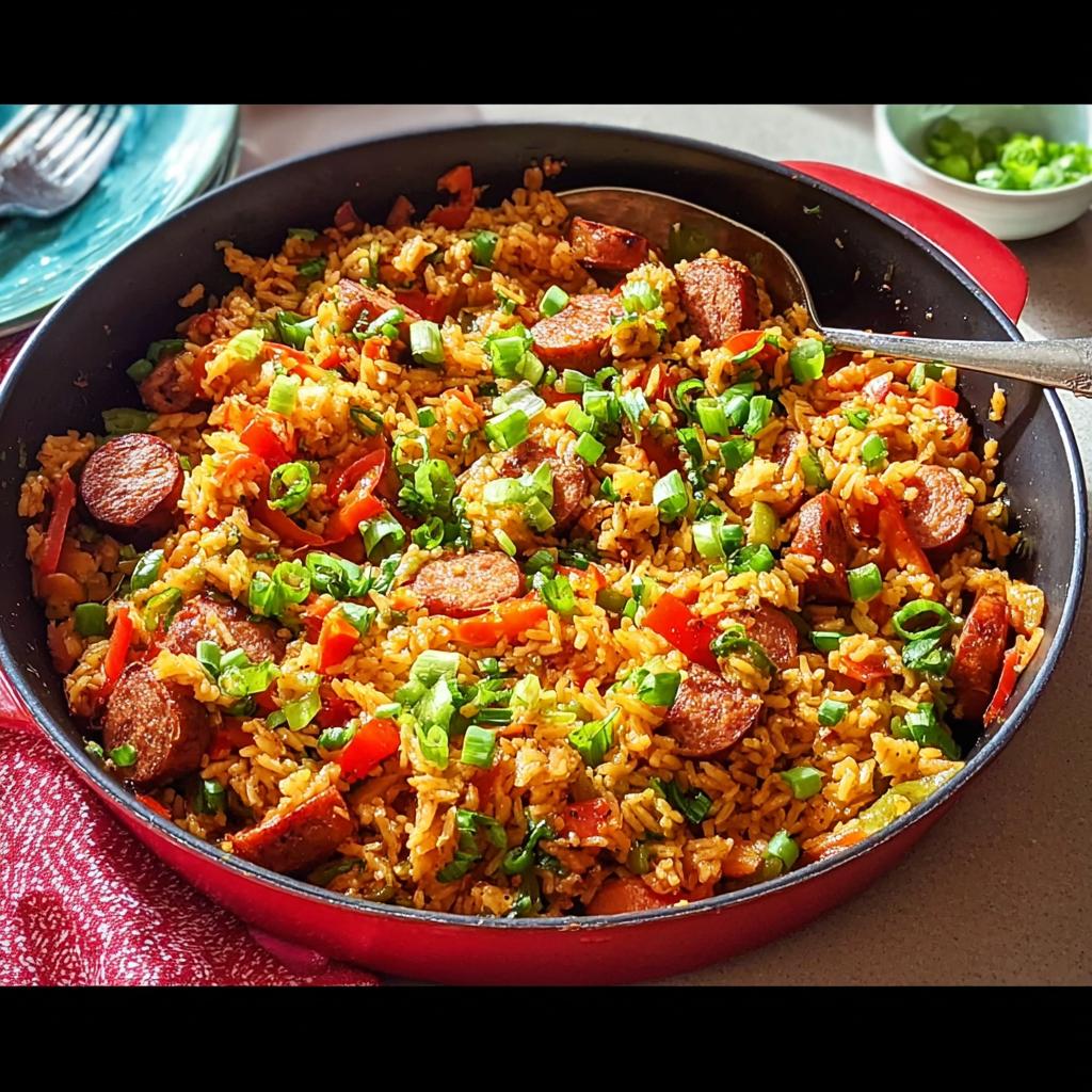 A close-up of a Cajun Sausage and Rice Skillet, filled with rice, sausage slices, bell peppers, and green onions.