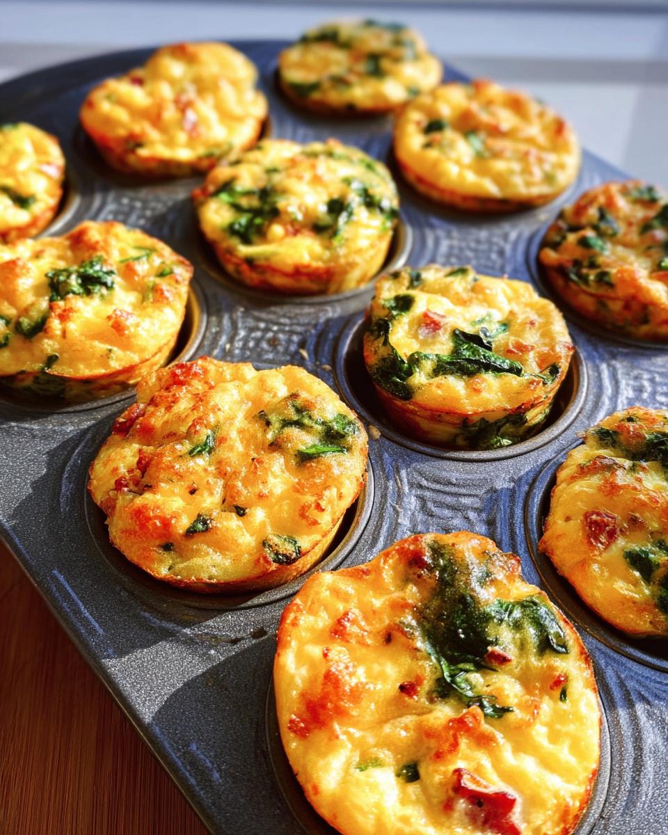 Golden brown Cheesy Muffin Tin Cottage Cheese Egg Bites with spinach baked in a muffin tin.