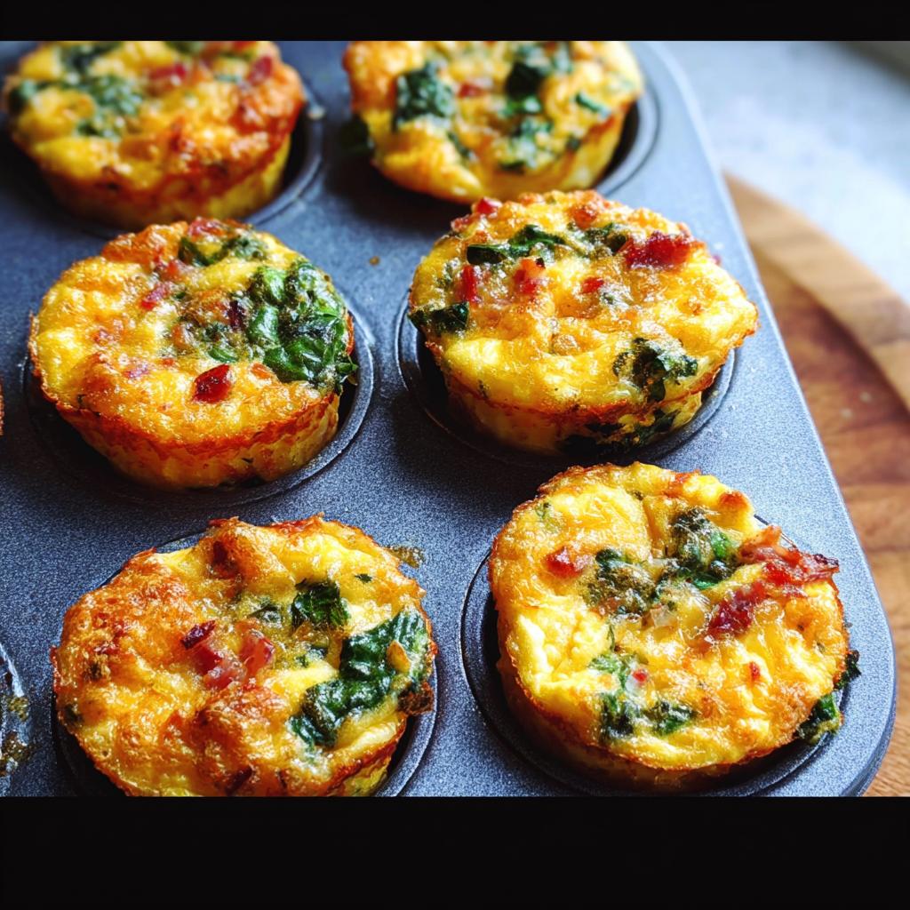 Golden brown Cheesy Muffin Tin Cottage Cheese Egg Bites with spinach and bacon in a muffin tin.
