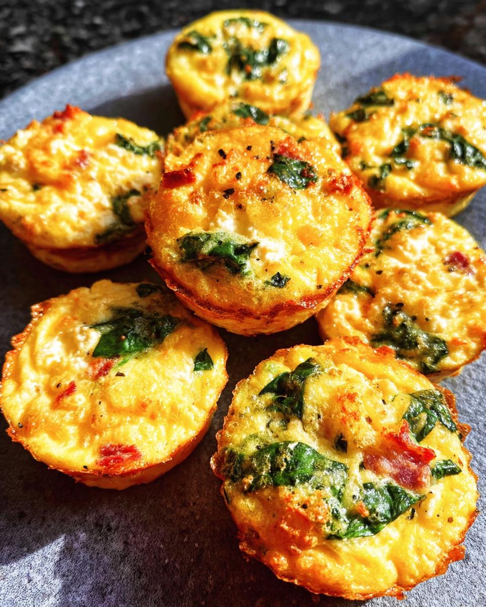 A close-up of several golden-brown Cheesy Muffin Tin Cottage Cheese Egg Bites with visible spinach and red pepper.