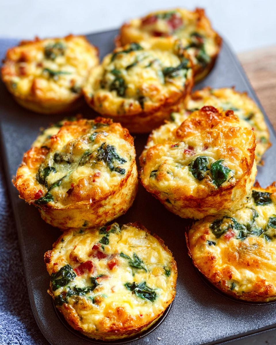 A close-up of golden brown Cheesy Muffin Tin Cottage Cheese Egg Bites with visible spinach and cheese.