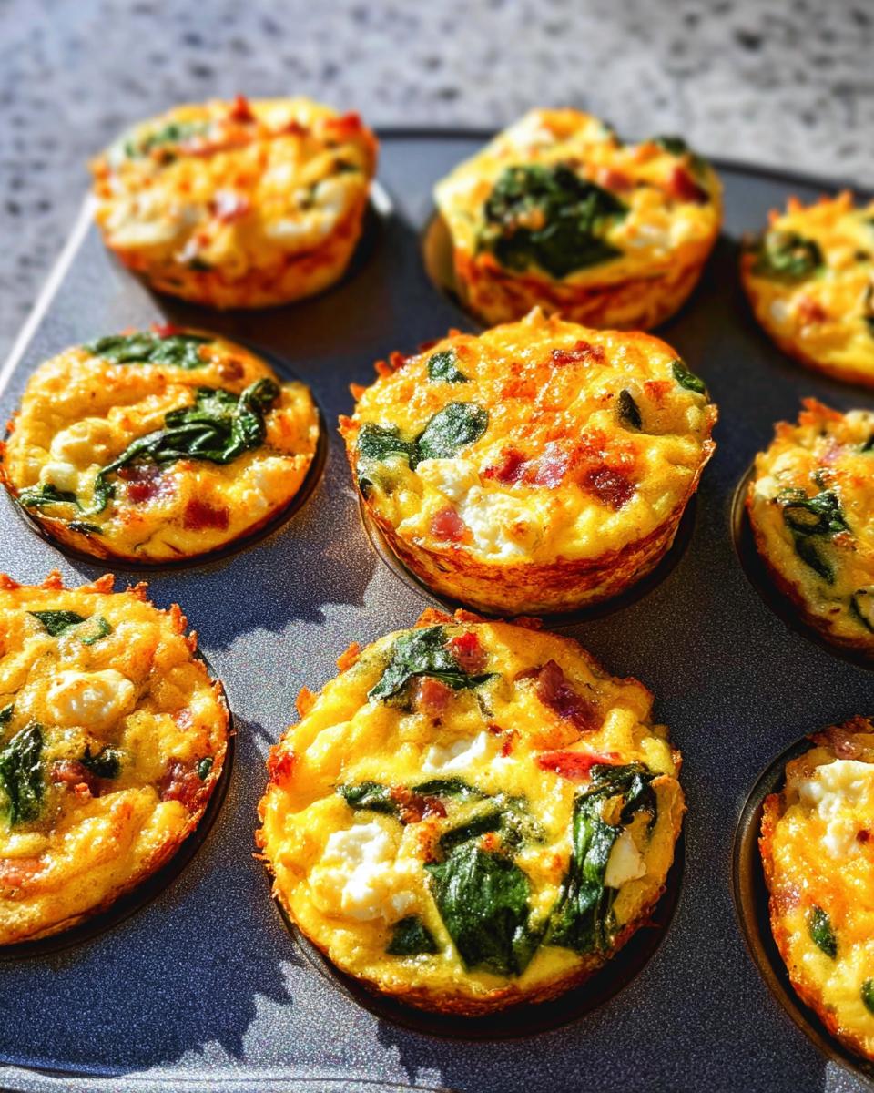 Close-up of golden brown Cheesy Muffin Tin Cottage Cheese Egg Bites with spinach and bacon in a muffin tin.
