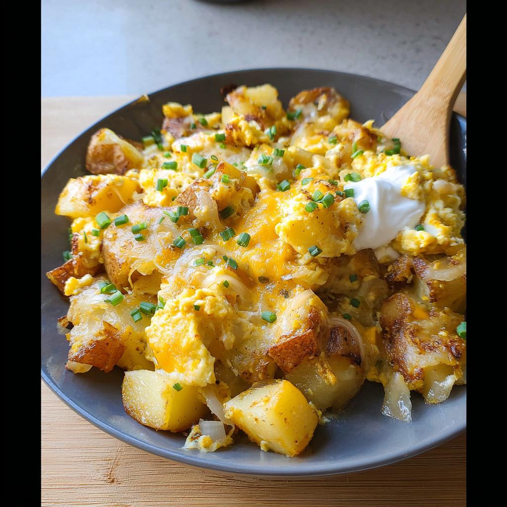 A close-up of a hearty Cheesy Potato Egg Scramble topped with chives and a dollop of sour cream.