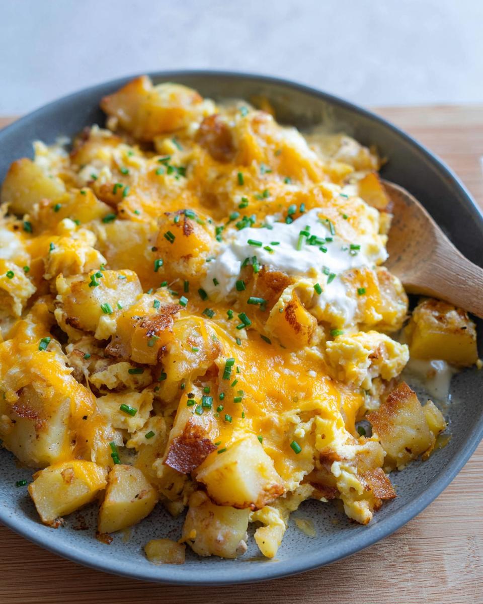 A close-up of a Cheesy Potato Egg Scramble topped with sour cream and chives.