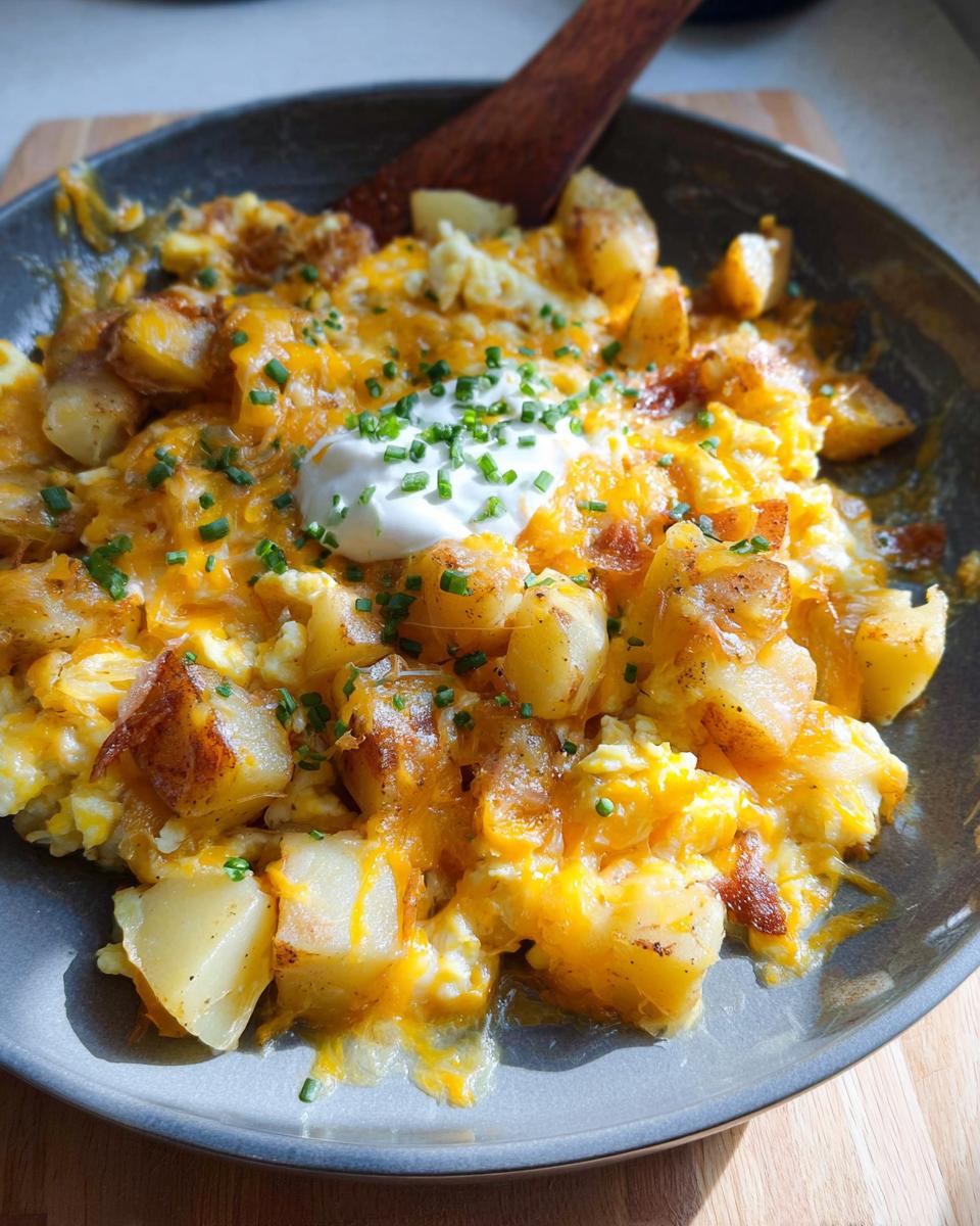 A close-up of a Cheesy Potato Egg Scramble topped with sour cream and chives in a gray bowl.