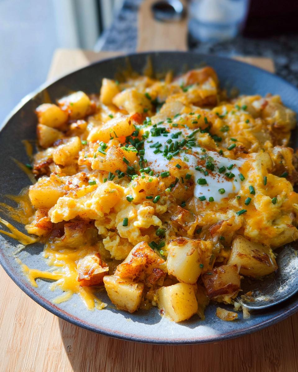 A close-up of a hearty Cheesy Potato Egg Scramble topped with a dollop of sour cream and fresh chives.