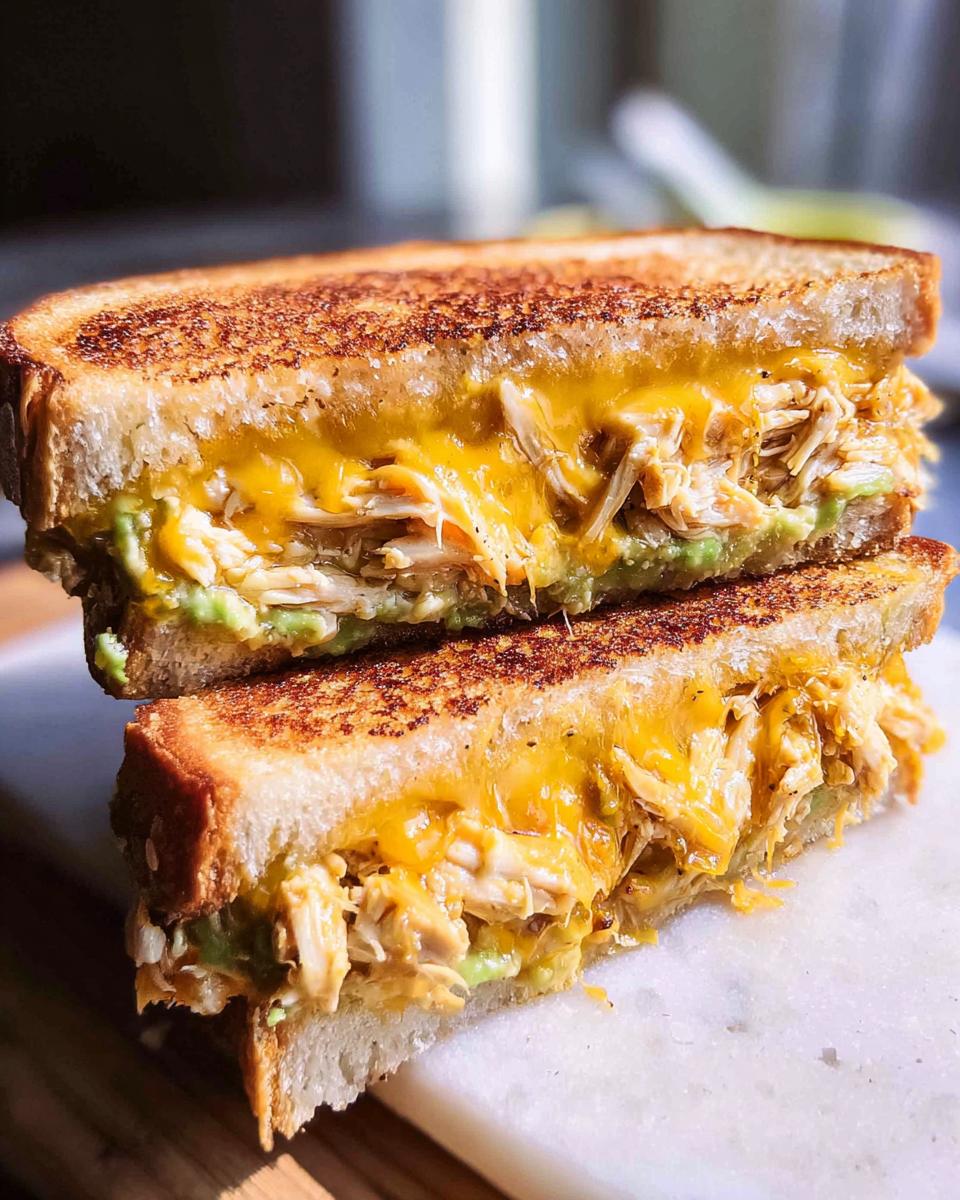 Close-up of a delicious Chicken Avocado Melt Sandwich with melted cheese and avocado.