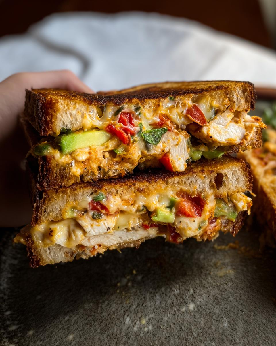 A close-up of a delicious CHICKEN AVOCADO MELT SANDWICH, showing melted cheese, avocado slices, and chicken.