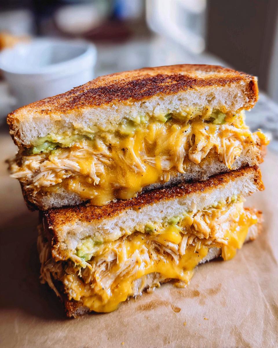 A close-up of a stacked Chicken Avocado Melt Sandwich with gooey melted cheese and creamy avocado.