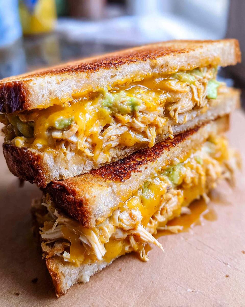 Close-up of a delicious Chicken Avocado Melt Sandwich, showing shredded chicken, creamy avocado, and melted cheese between toasted bread.