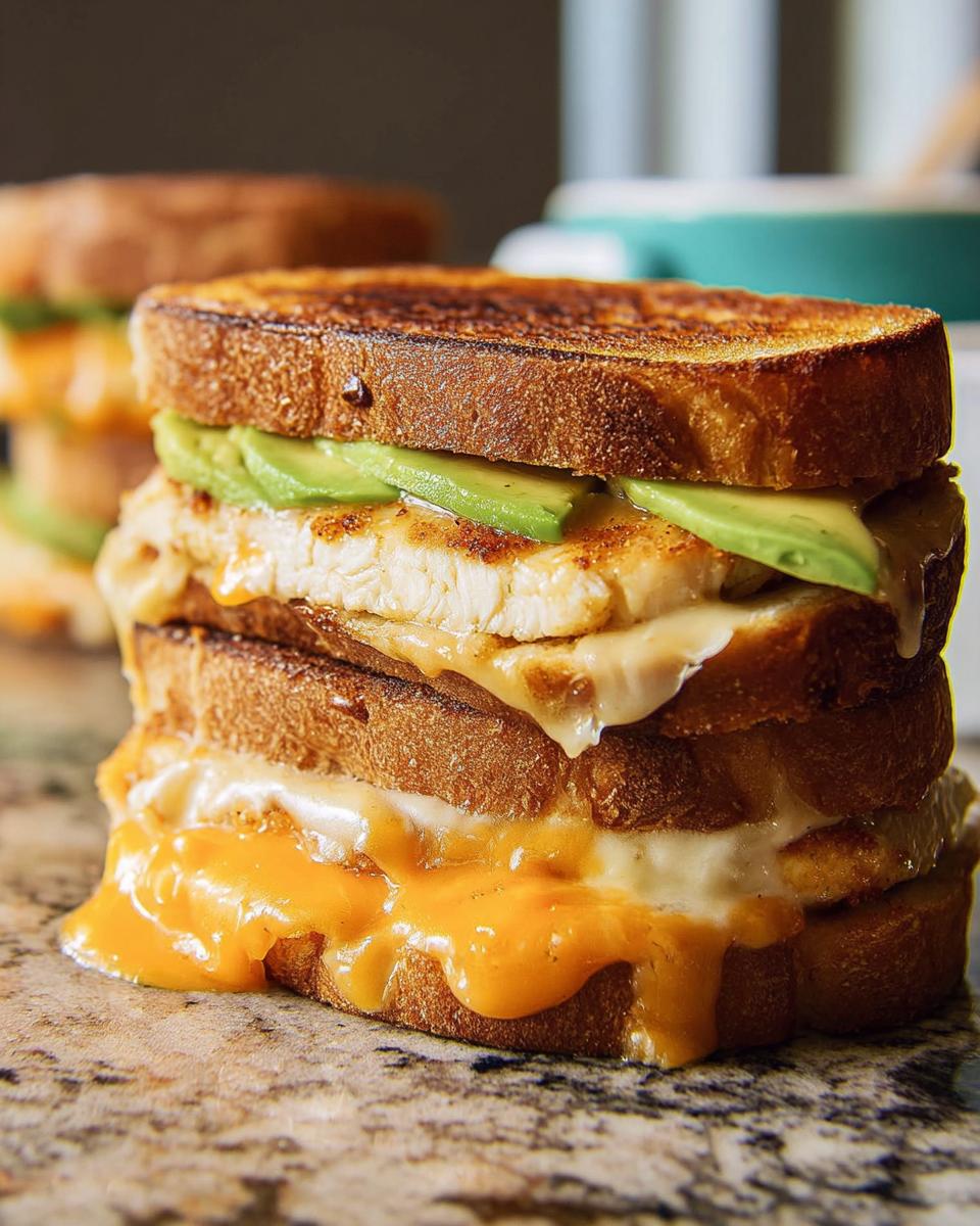 A stacked Chicken Avocado Melt Sandwich featuring toasted bread, melted cheese, grilled chicken, and fresh avocado slices.