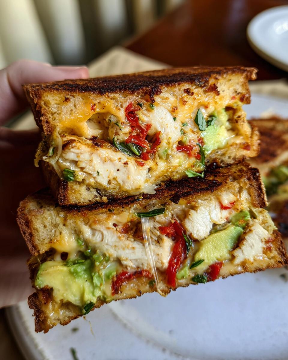 Close-up of a perfectly grilled CHICKEN AVOCADO MELT SANDWICH, showing melted cheese, chicken, avocado, and sun-dried tomatoes.