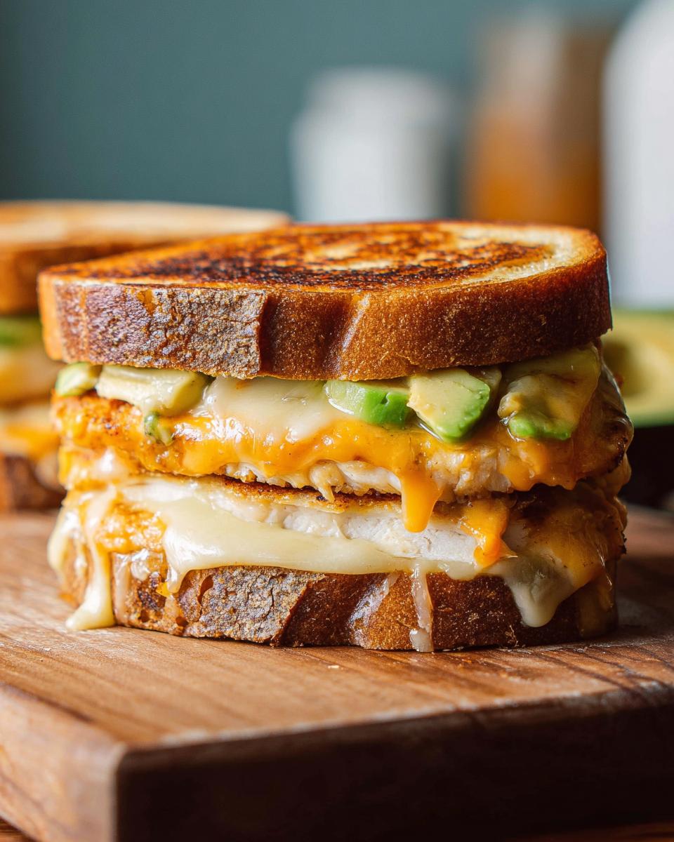 A close-up of a delicious Chicken Avocado Melt Sandwich with melted cheese and fresh avocado slices.