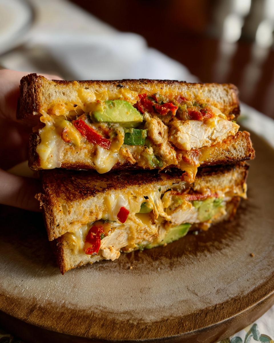 A close-up of a halved CHICKEN AVOCADO MELT SANDWICH, showing melted cheese, chicken, avocado, and red peppers.