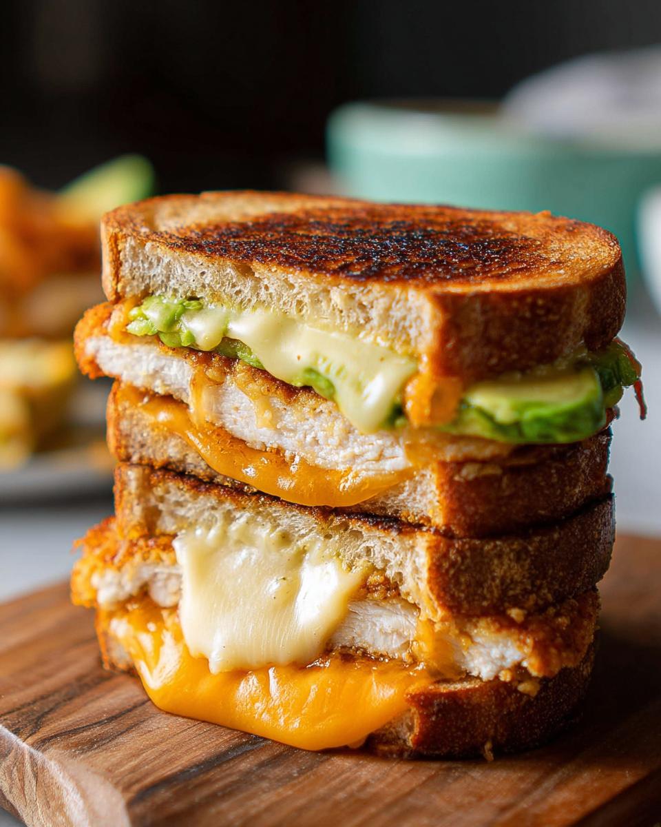 A stack of two halves of a Chicken Avocado Melt Sandwich, with melted cheese oozing out.