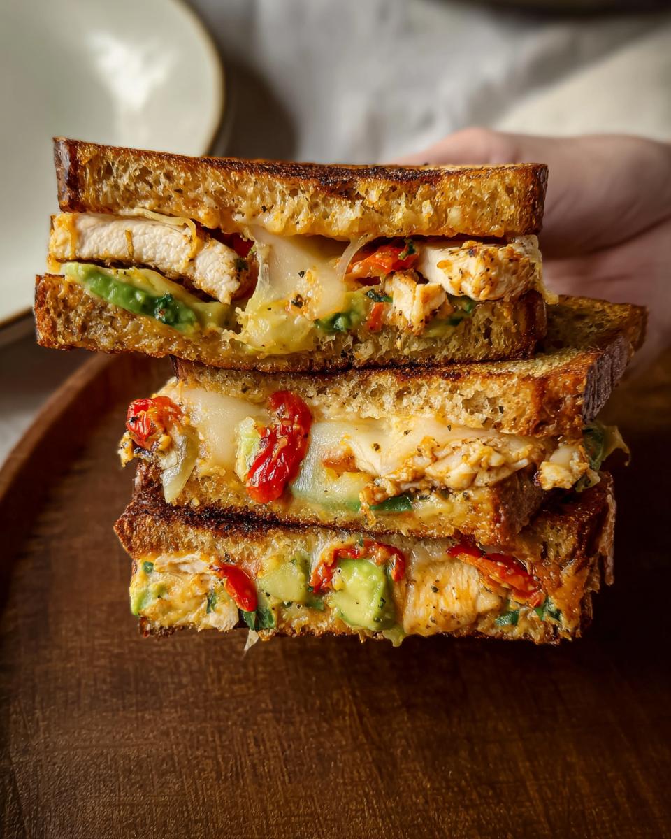 A stack of two halves of a CHICKEN AVOCADO MELT SANDWICH, showing grilled bread, chicken, avocado, melted cheese, and sun-dried tomatoes.