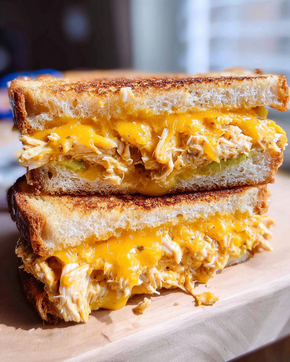 A close-up of a stacked Chicken Avocado Melt Sandwich with gooey melted cheese and shredded chicken.