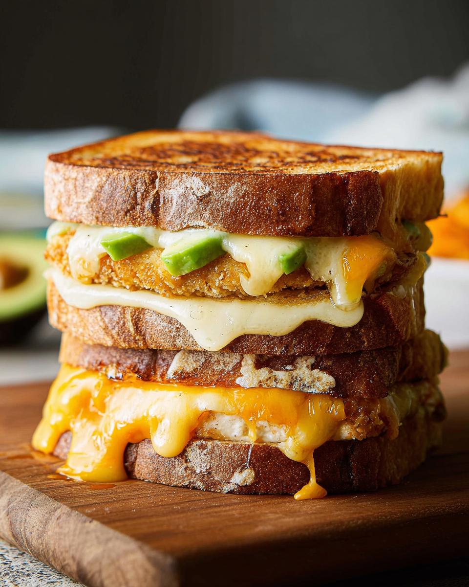A tall Chicken Avocado Melt Sandwich stacked high with toasted bread, melted cheese, and avocado slices.