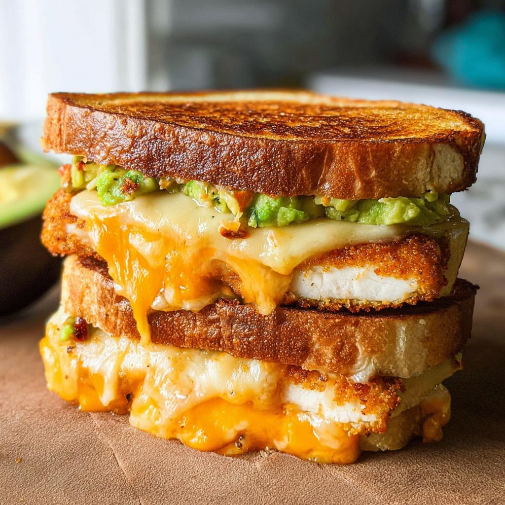A close-up of a stacked Chicken Avocado Melt Sandwich with melted cheese and crispy chicken.