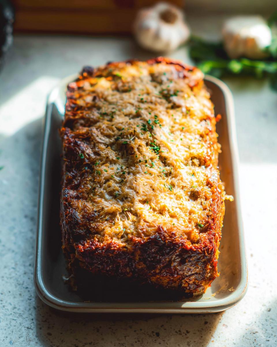 A golden-brown baked loaf of Chicken Avocado Ranch Burritos, topped with melted cheese and herbs.
