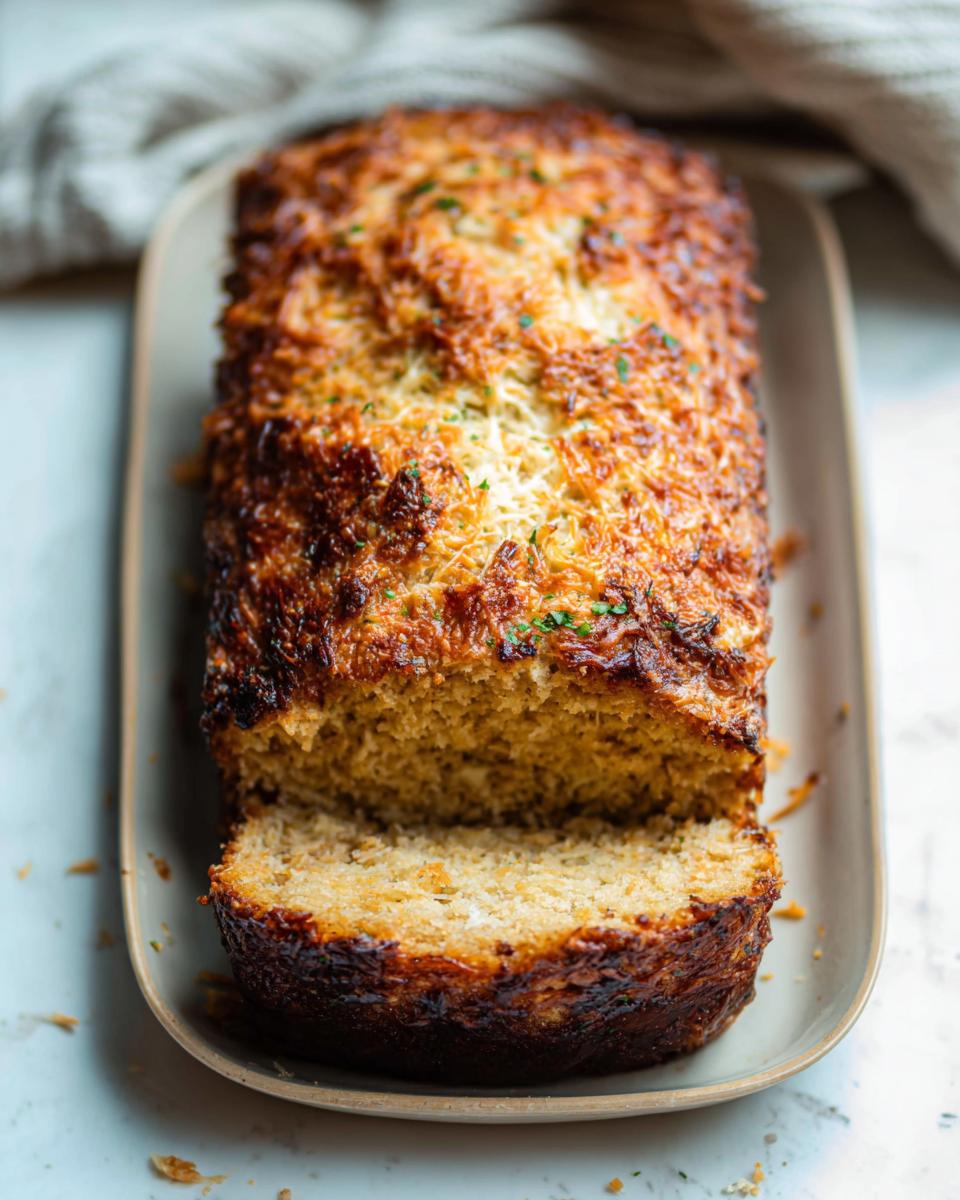 A golden-brown baked loaf with a cheesy crust, sliced to reveal a fluffy interior, perfect for Chicken Avocado Ranch Burritos.