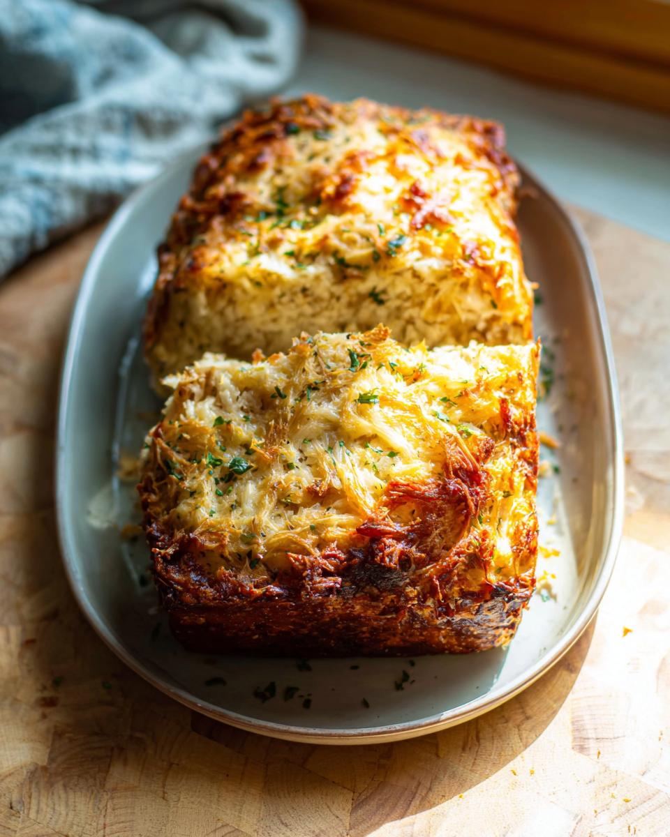 A close-up of a baked Chicken Avocado Ranch Burritos loaf, golden brown and topped with herbs.