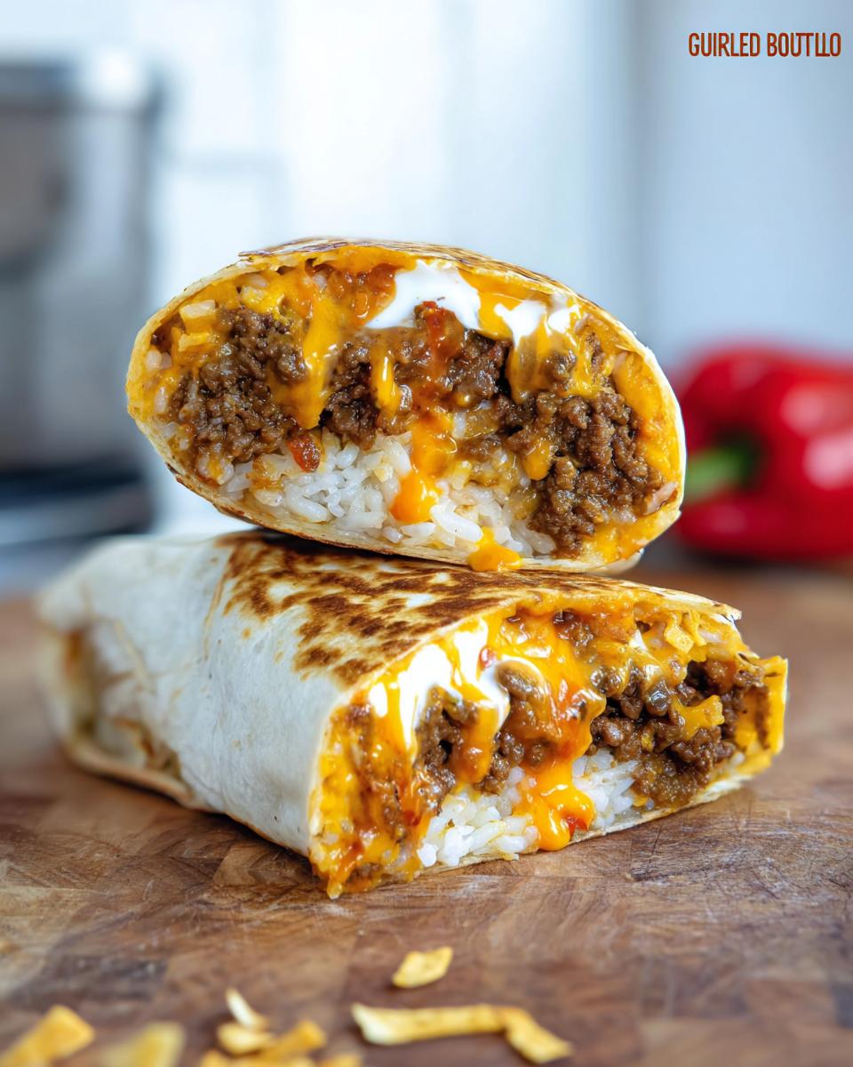 A cross-section of a Chicken Crunch Wrap, revealing seasoned ground meat, rice, melted cheese, and a dollop of sour cream.