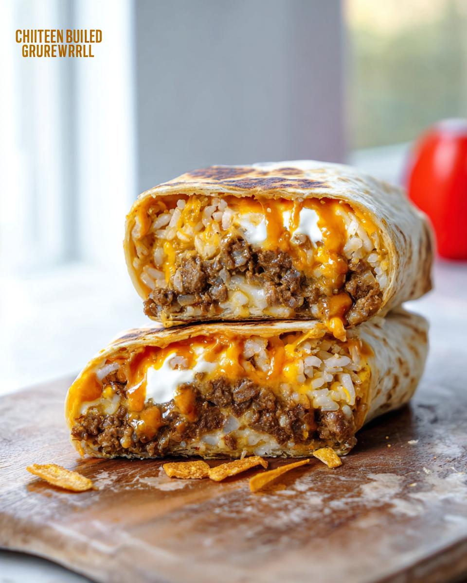 A cross-section of a Chicken Crunch Wrap, revealing seasoned ground chicken, rice, melted cheese, and sour cream.