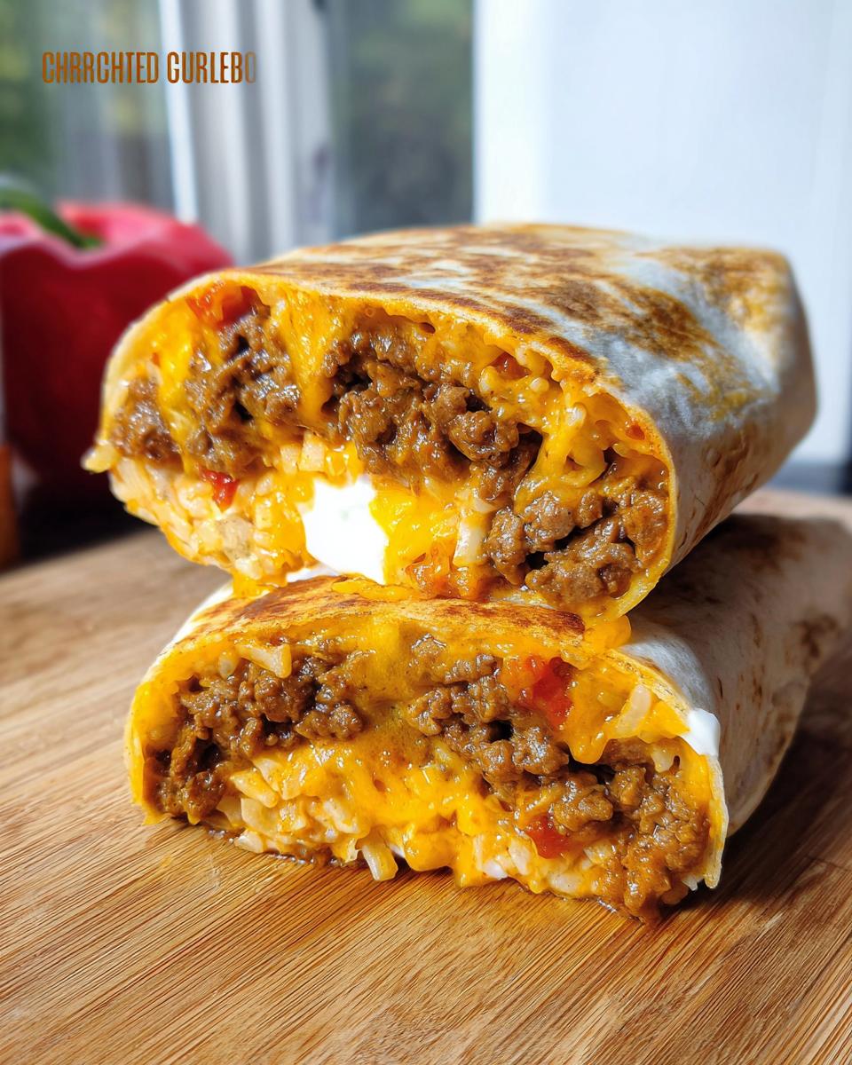 A delicious Chicken Crunch Wrap, cut in half, revealing layers of seasoned ground chicken, rice, and melted cheese.