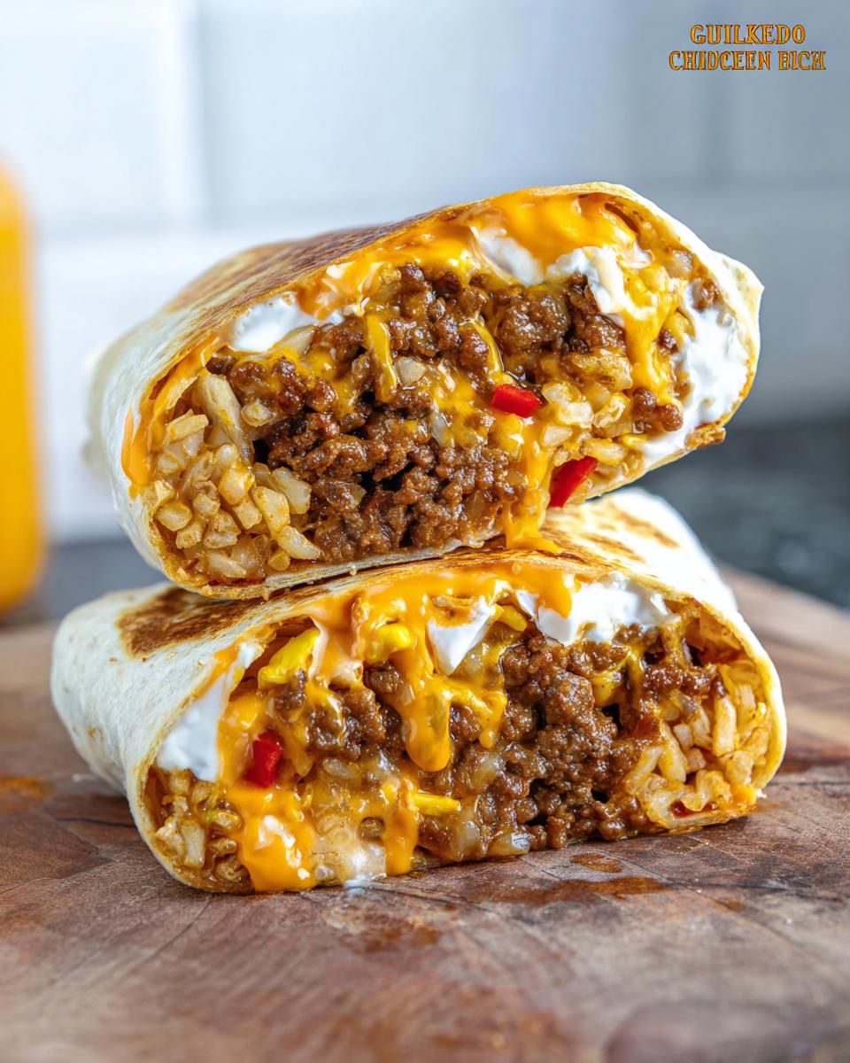 Close-up of a Chicken Crunch Wrap cut in half, revealing seasoned ground chicken, rice, melted cheese, and sour cream.
