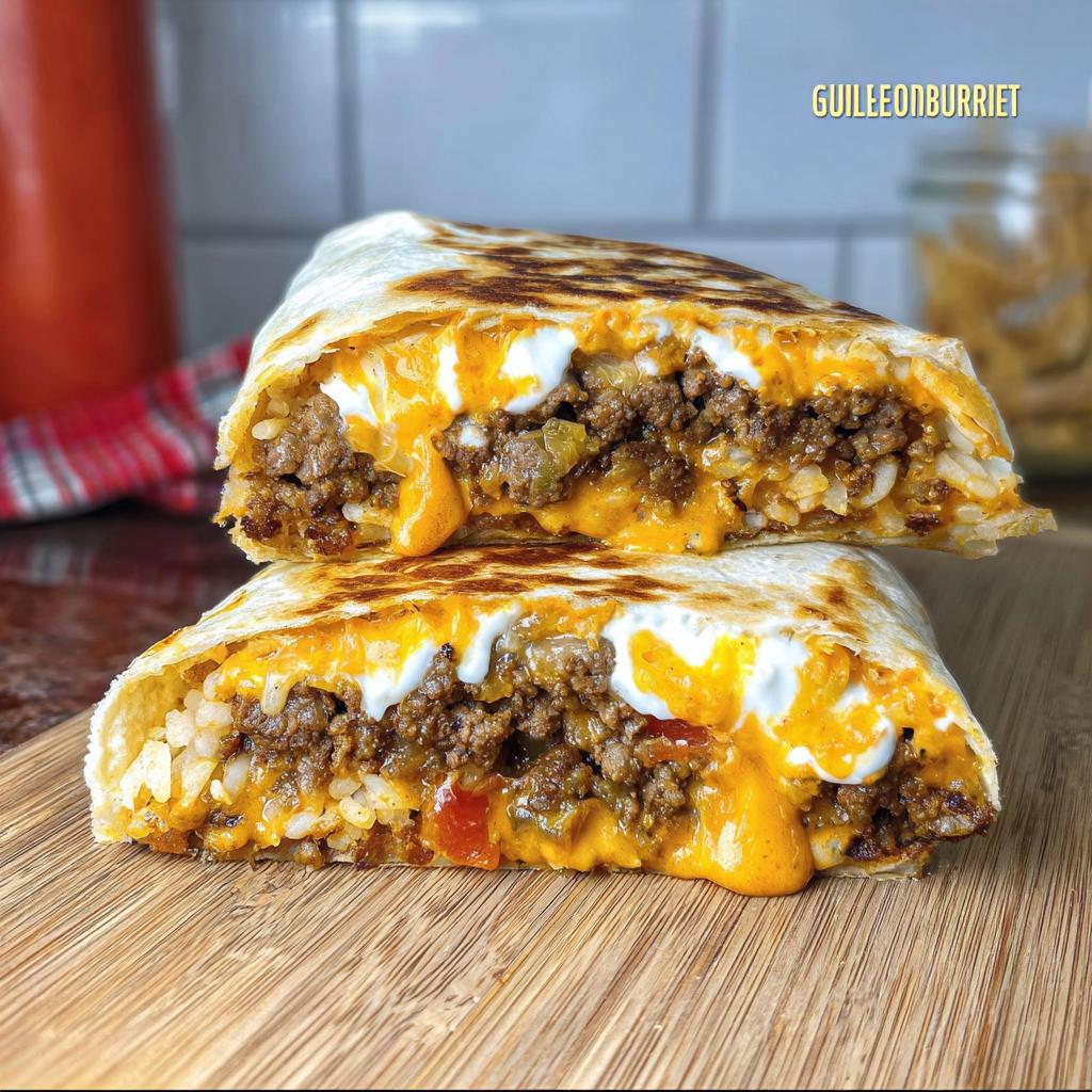 A close-up of a Chicken Crunch Wrap cut in half, revealing layers of seasoned ground meat, rice, melted cheese, and a creamy sauce.