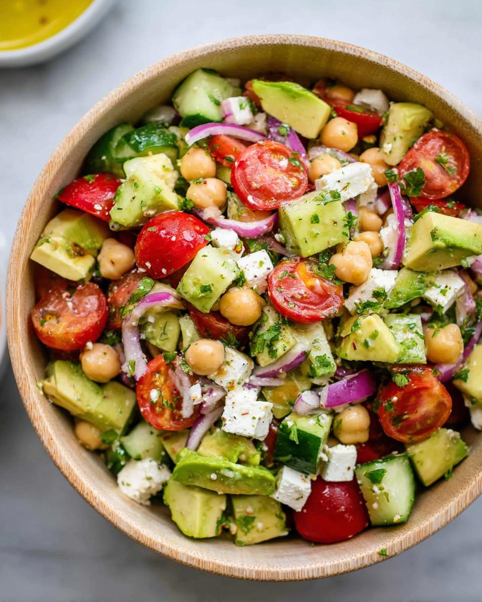 A vibrant Chickpea Feta Avocado Salad in a wooden bowl, featuring chopped avocado, feta cheese, chickpeas, tomatoes, and cucumber.