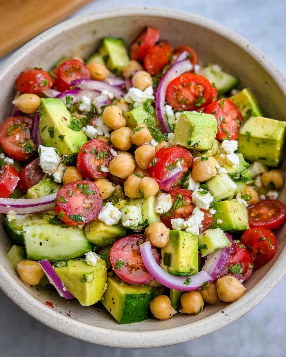A vibrant bowl of Chickpea Feta Avocado Salad with tomatoes, cucumber, red onion, and herbs.