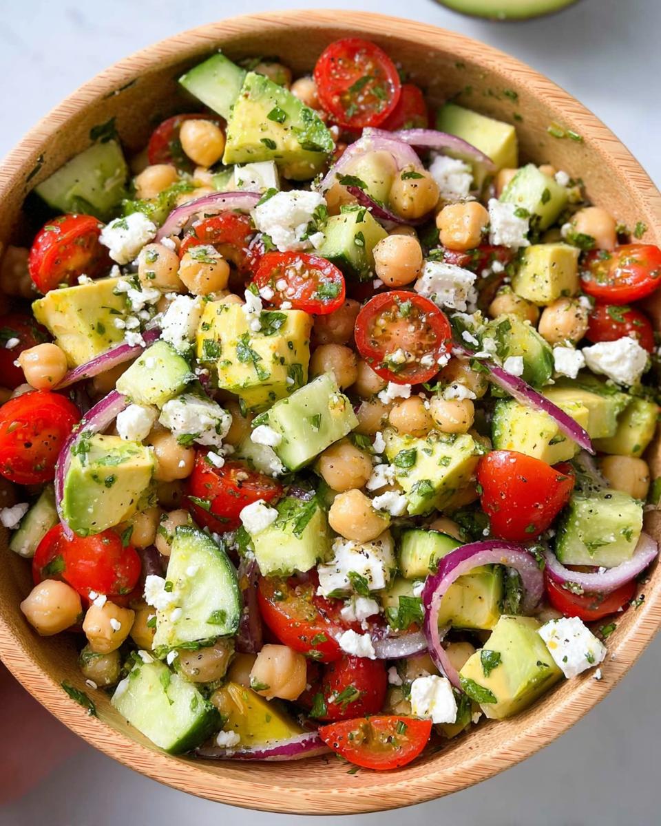 A vibrant bowl of Chickpea Feta Avocado Salad with cherry tomatoes, cucumber, red onion, and feta cheese.