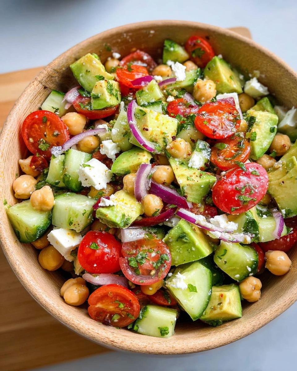 A vibrant bowl of Chickpea Feta Avocado Salad with cherry tomatoes, cucumber, red onion, and feta cheese.