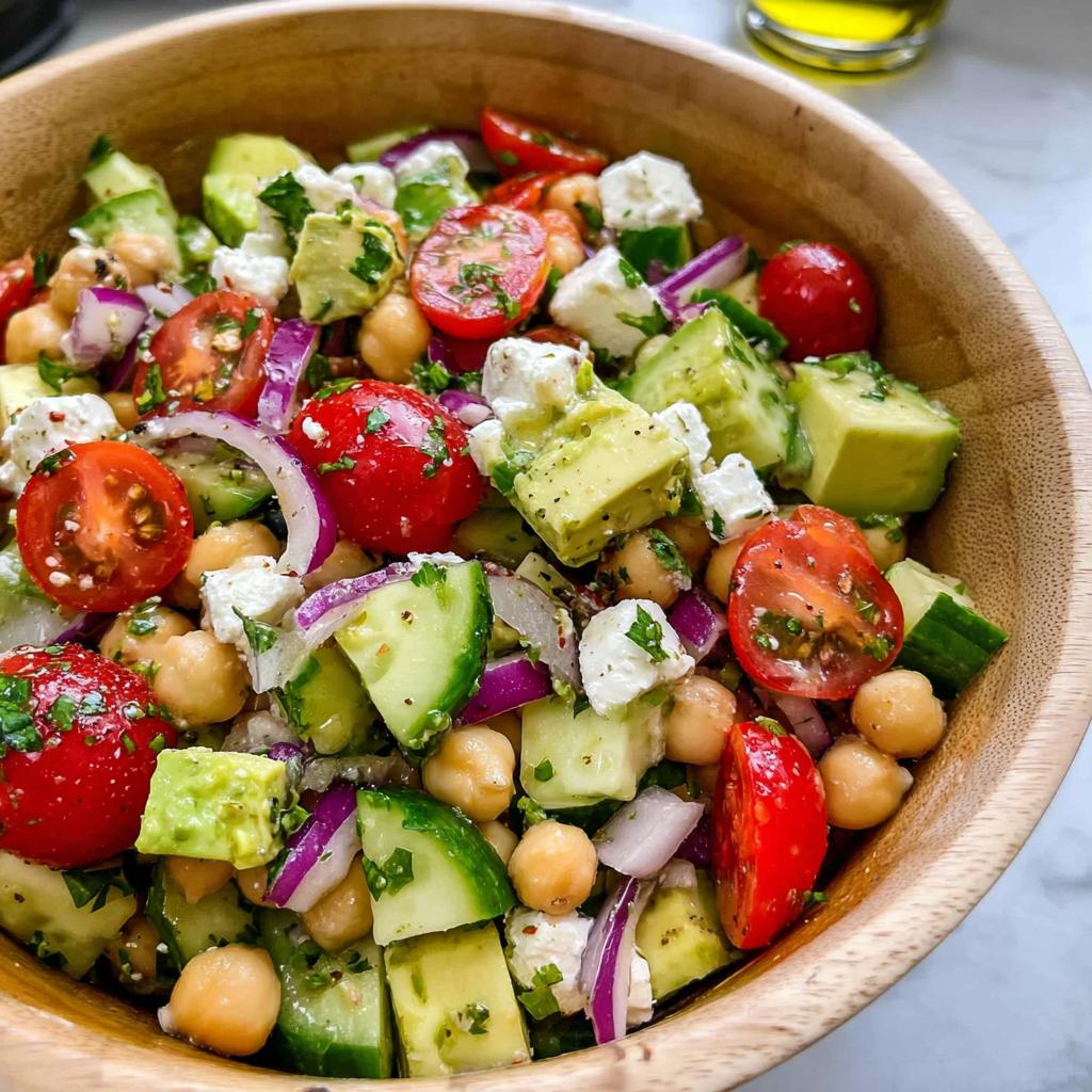 Close-up of a vibrant Chickpea Feta Avocado Salad in a wooden bowl, featuring chickpeas, feta cheese, avocado, tomatoes, cucumber, and red onion.